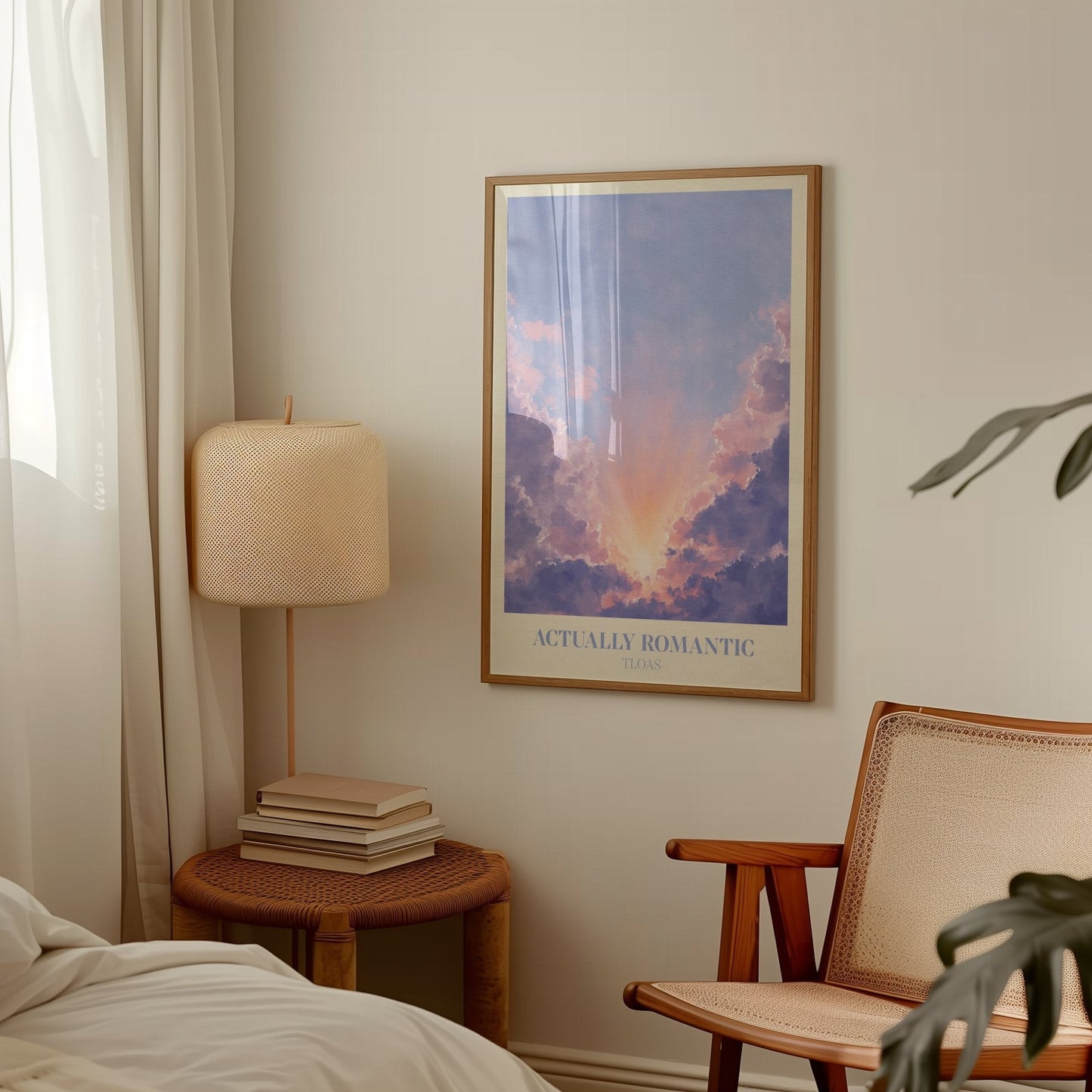 Actually Romantic lyric wall art print inspired by Taylor Swift hung in a Scandi bedroom