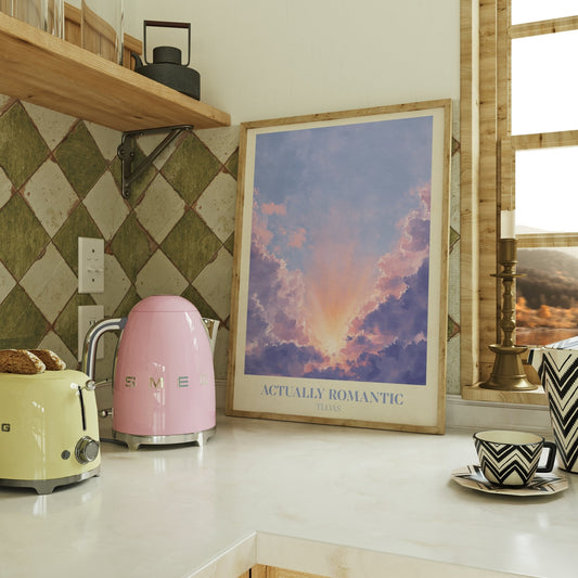 Actually Romantic lyric wall art print inspired by Taylor Swift on a kitchen counter beside a kettle and toaster