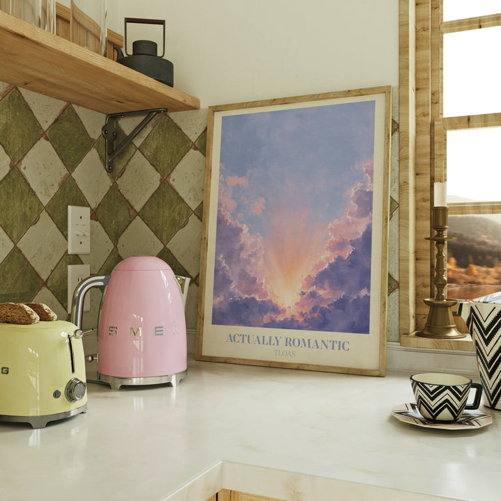 Actually Romantic lyric print inspired by Taylor Swift leaning against a white wall on a wooden herringbone floor in soft daylight