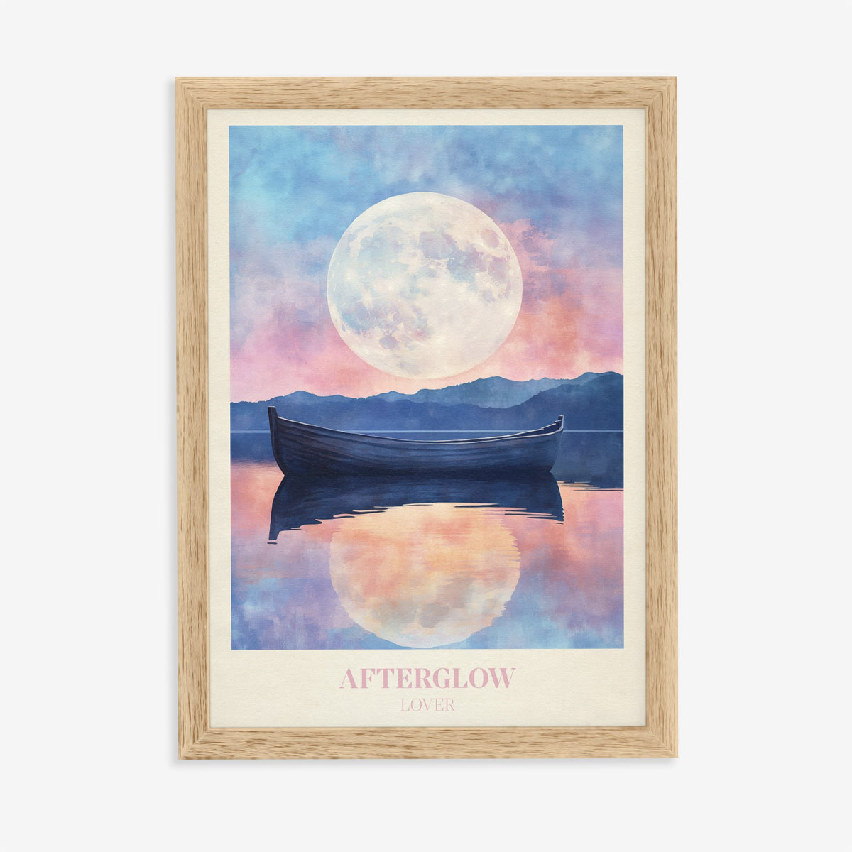 Afterglow Taylor Swift print of a rowing boat on a still lake under a full moon, in an oak frame on a plain wall