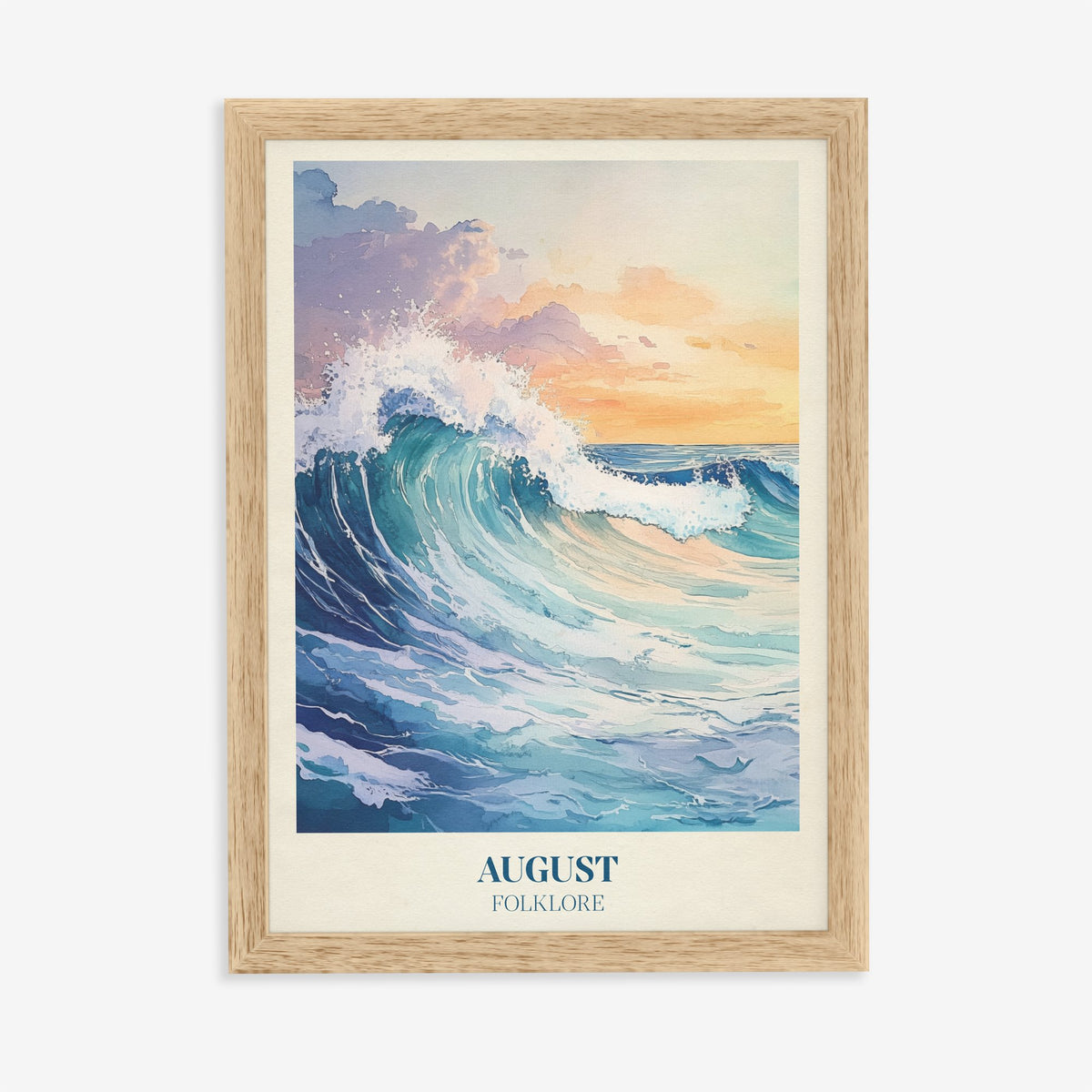 August Taylor Swift print of a crashing turquoise wave under a golden sky, in an oak frame on a plain wall