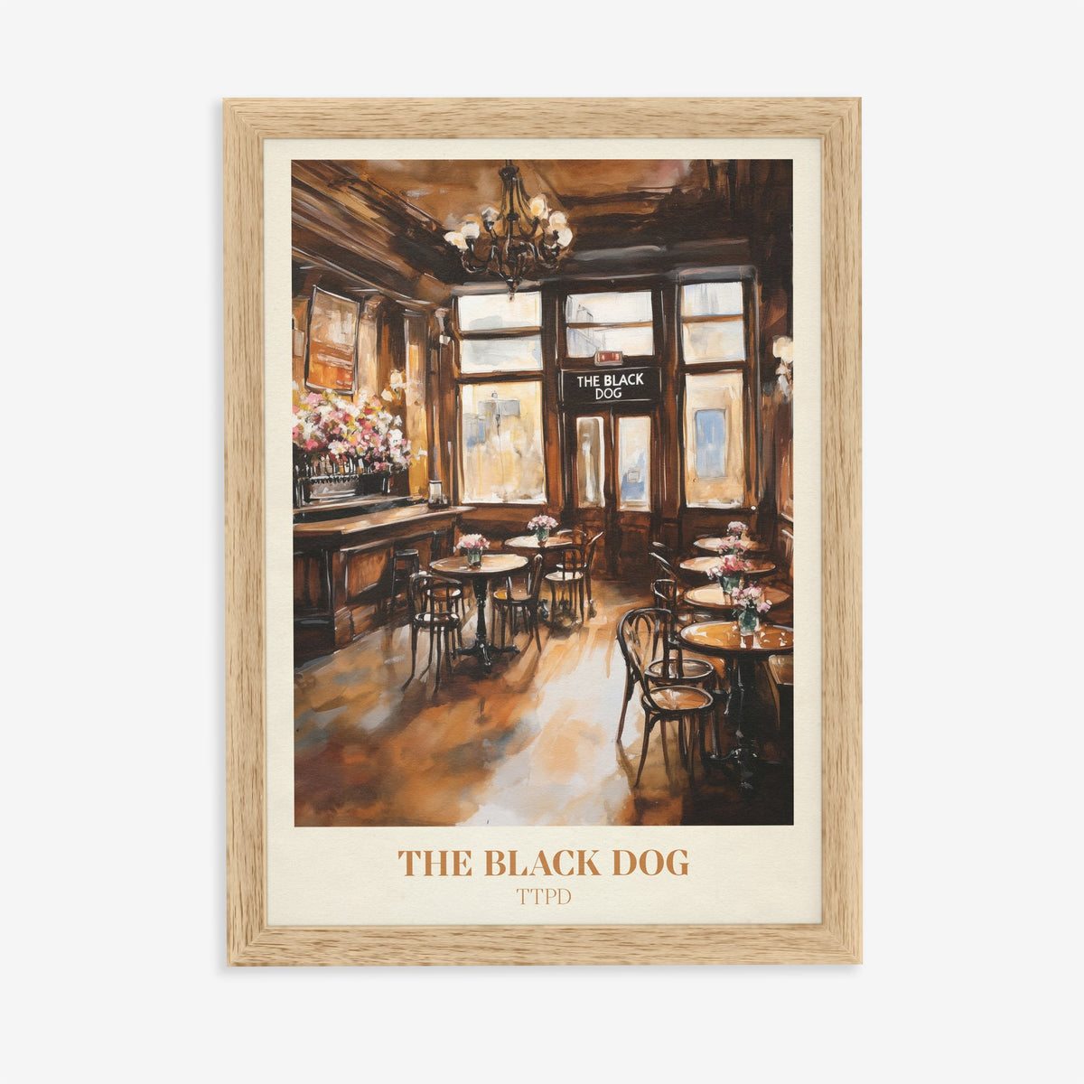 The Black Dog Taylor Swift print of a wood-panelled pub with bistro tables and a chandelier, in an oak frame on a plain wall
