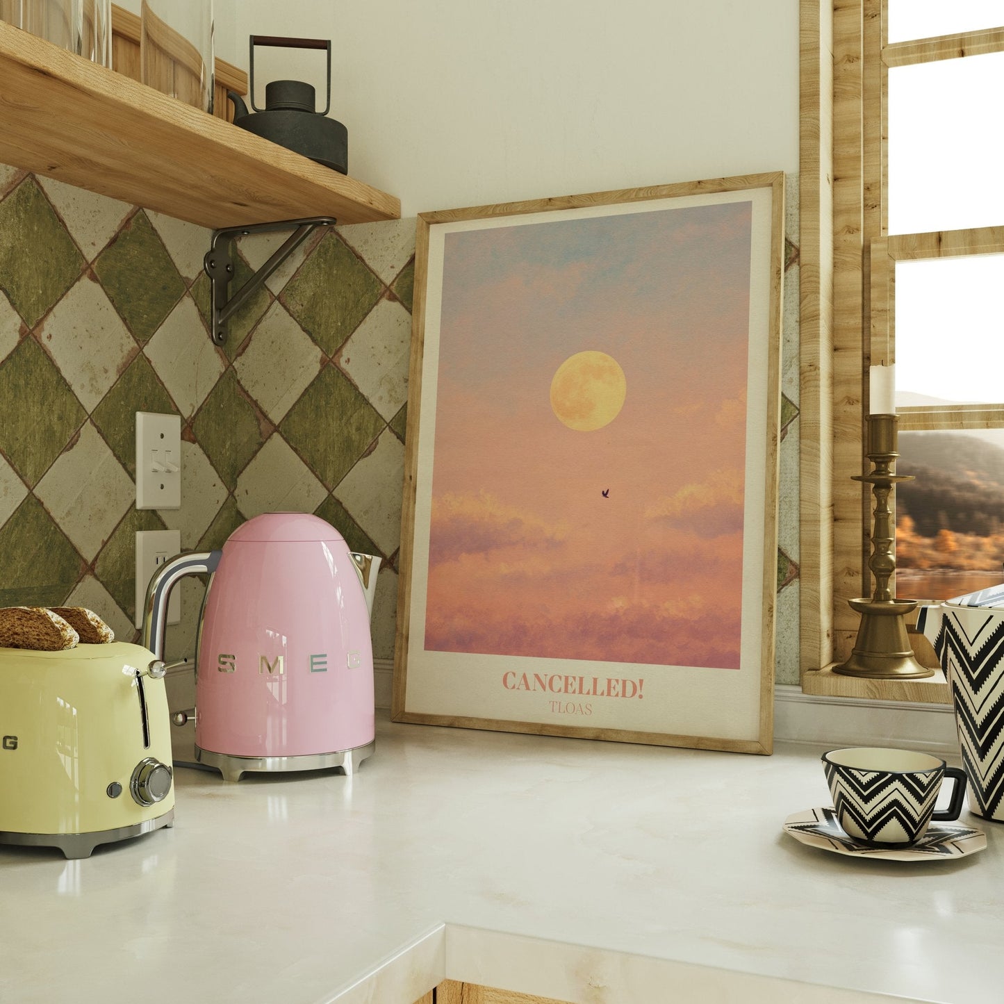 Cancelled lyric wall art print inspired by Taylor Swift on a kitchen counter beside a kettle and toaster