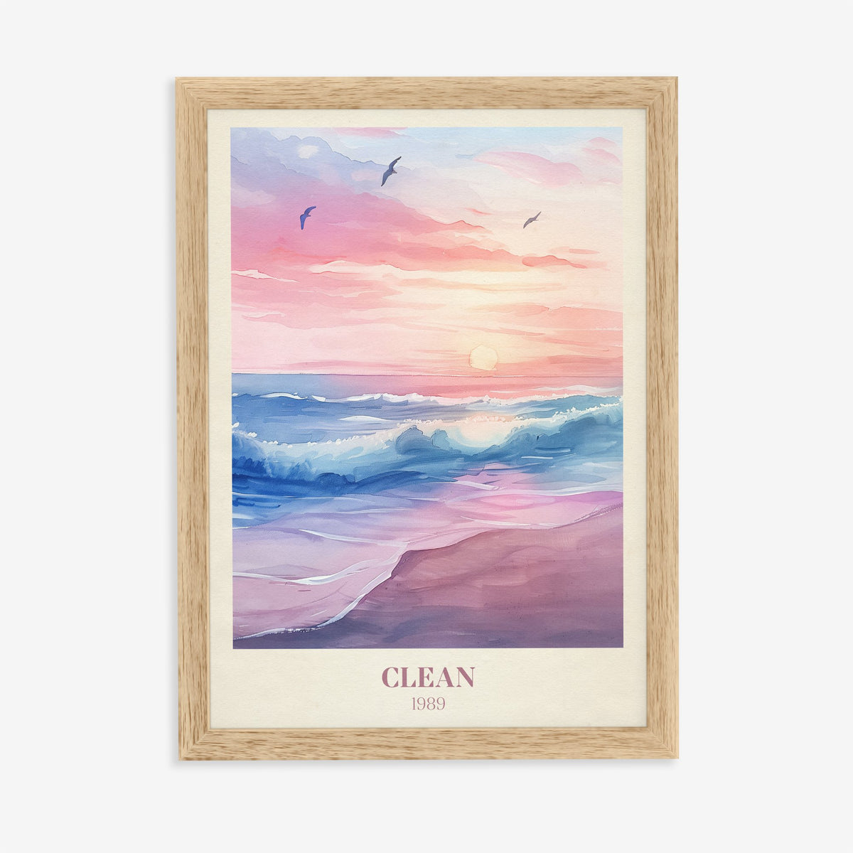 Clean Taylor Swift print of waves rolling onto a pink beach under a lilac sunset, in an oak frame on a plain wall