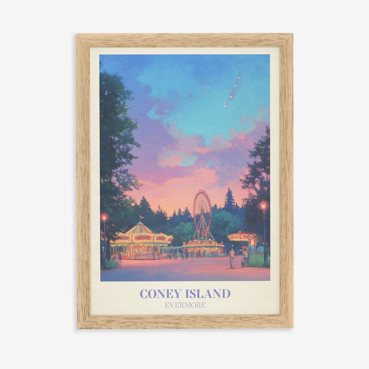 Coney Island Taylor Swift print of a lit-up carousel and Ferris wheel at dusk, in an oak frame on a plain wall