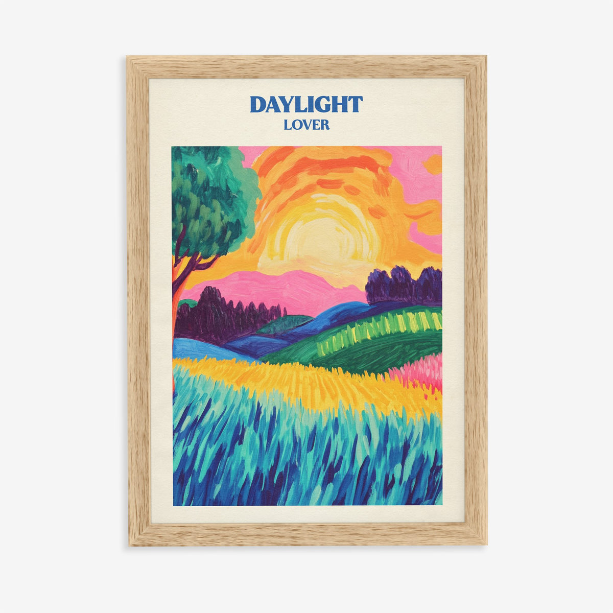 Daylight Matisse Taylor Swift print of bold fields and hills under a big yellow sun, in an oak frame on a plain wall