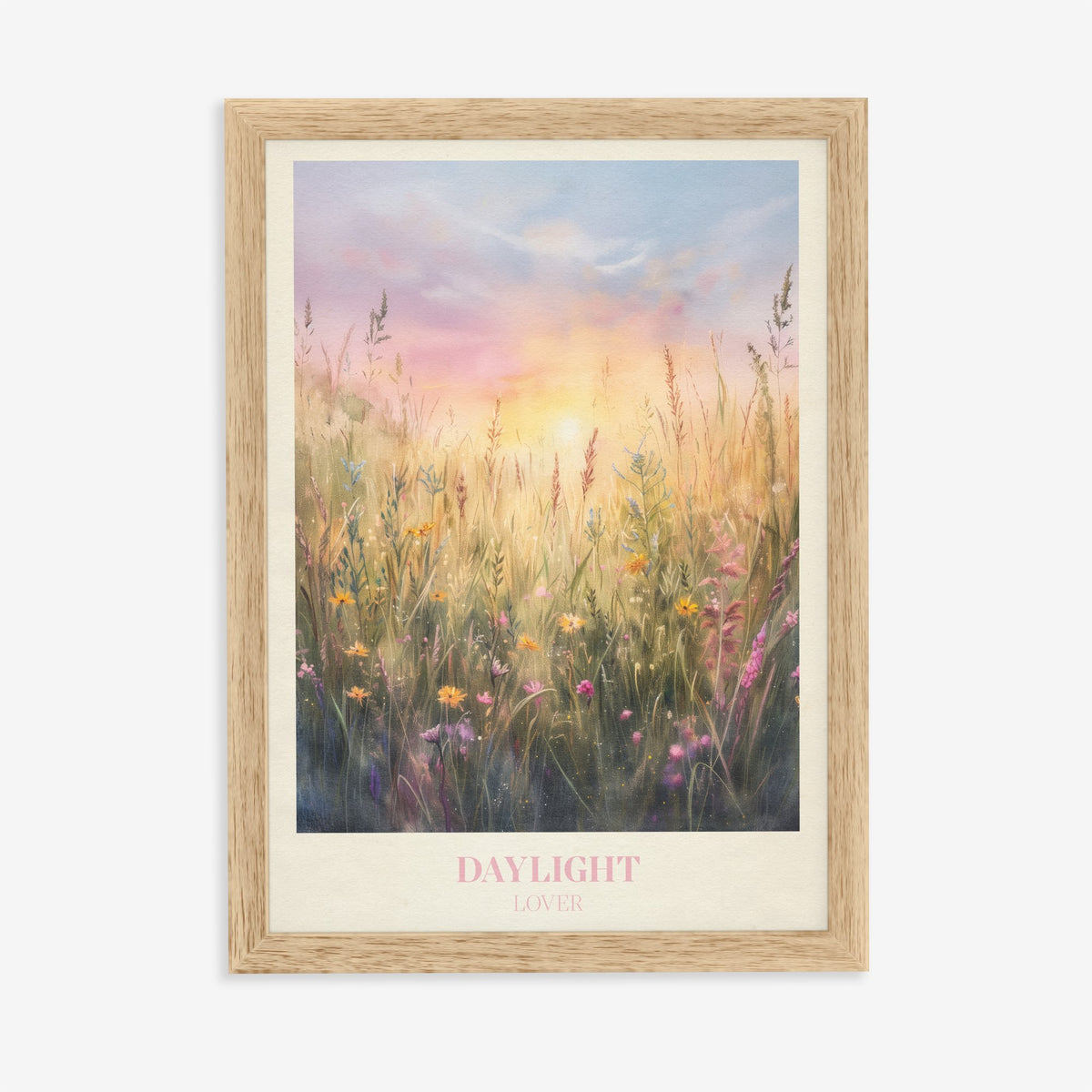 Daylight Taylor Swift print of wild grasses and flowers in golden morning light, in an oak frame on a plain wall