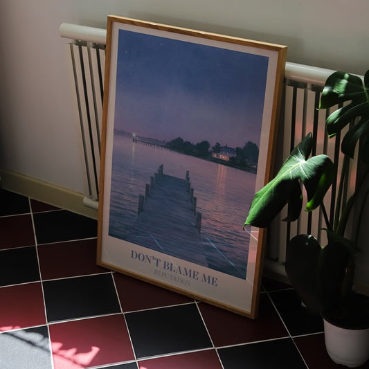 Don’t Blame Me Taylor Swift print of a jetty on a lake at dusk, on a kitchen floor with red and black tiles