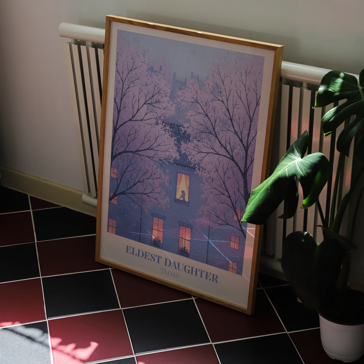 Eldest Daughter lyric wall art print inspired by Taylor Swift on a kitchen floor with red and black tiles