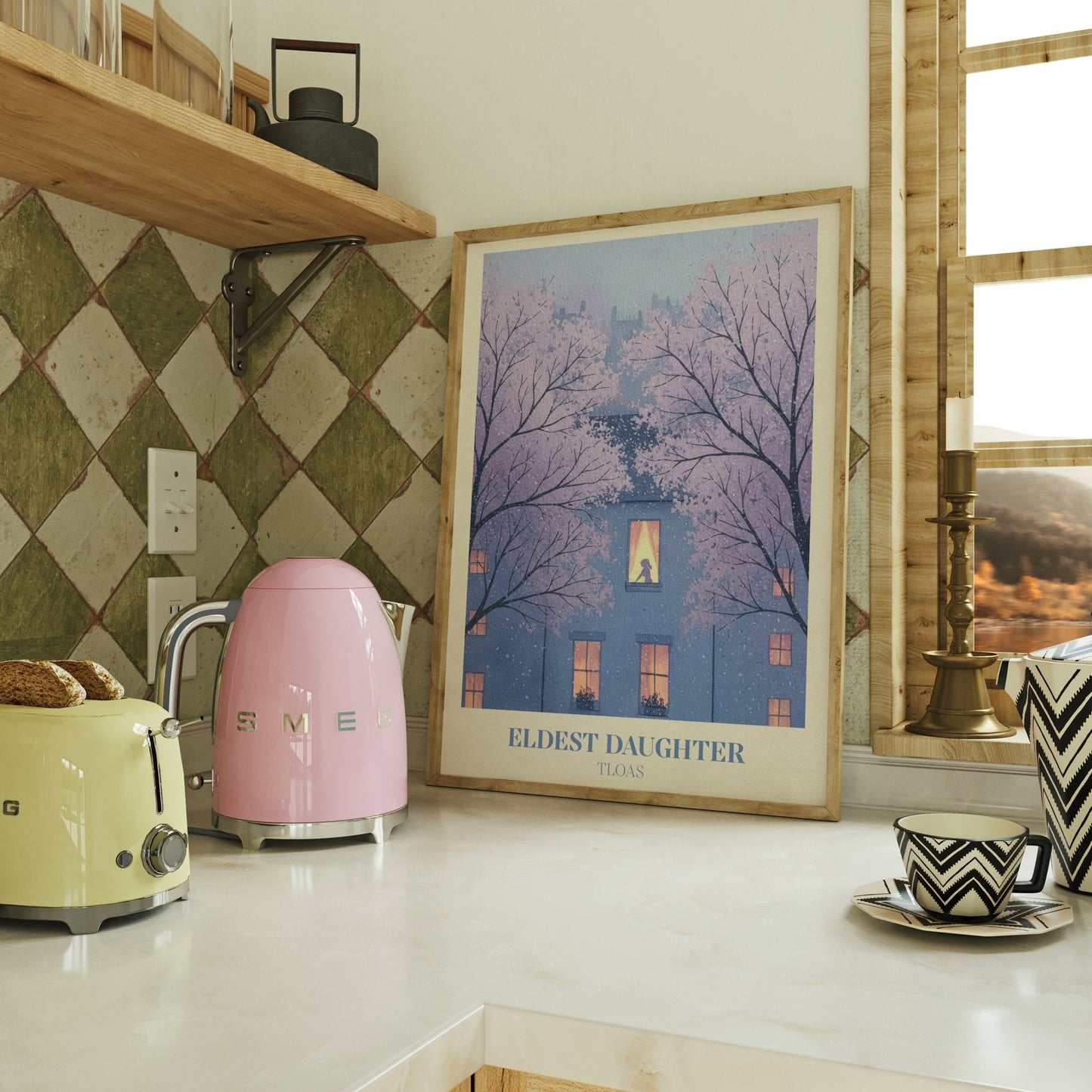 Eldest Daughter lyric wall art print inspired by Taylor Swift on a kitchen counter beside a kettle and toaster