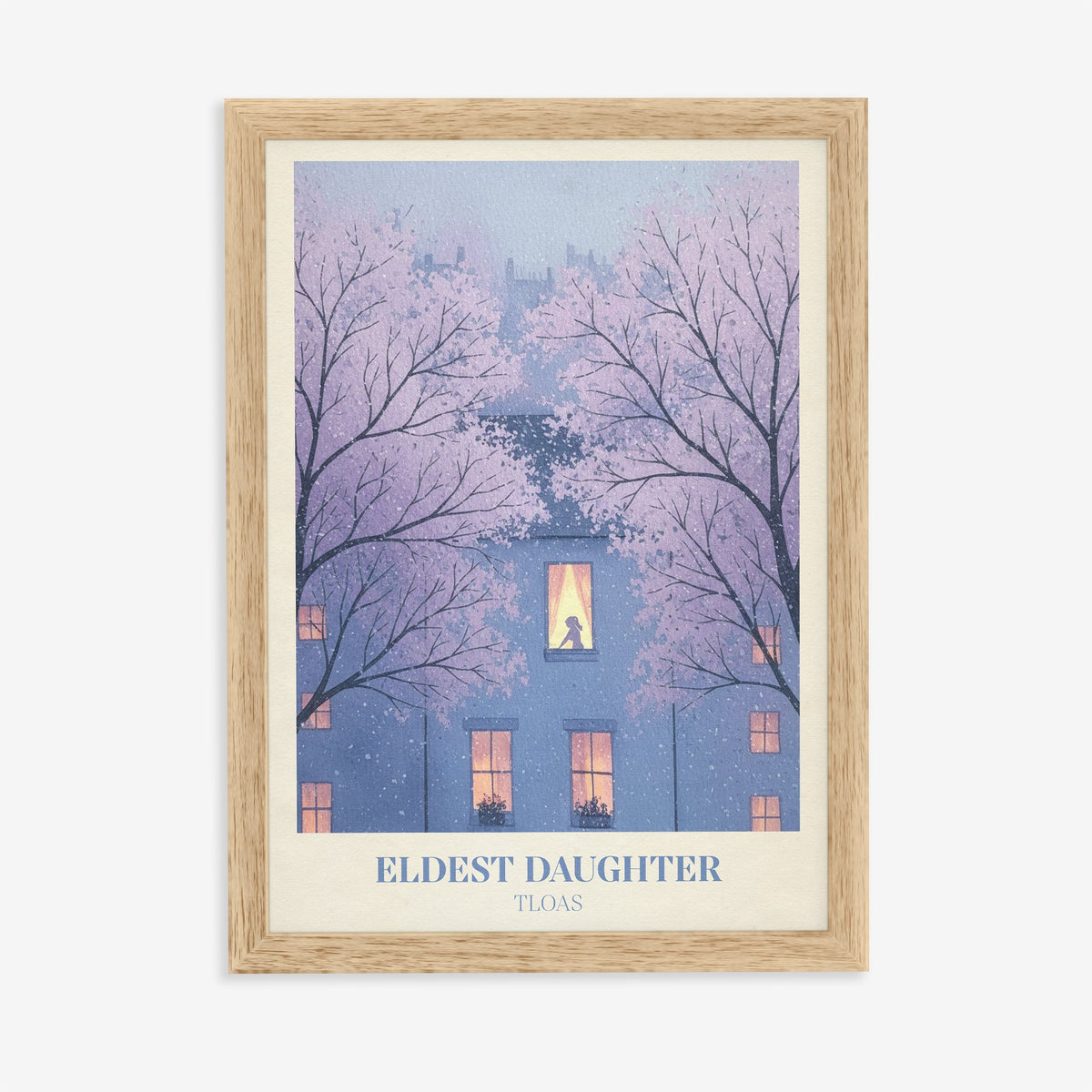 Eldest Daughter Taylor Swift print of a glowing window in a blue house among blossom trees, in an oak frame on a plain wall