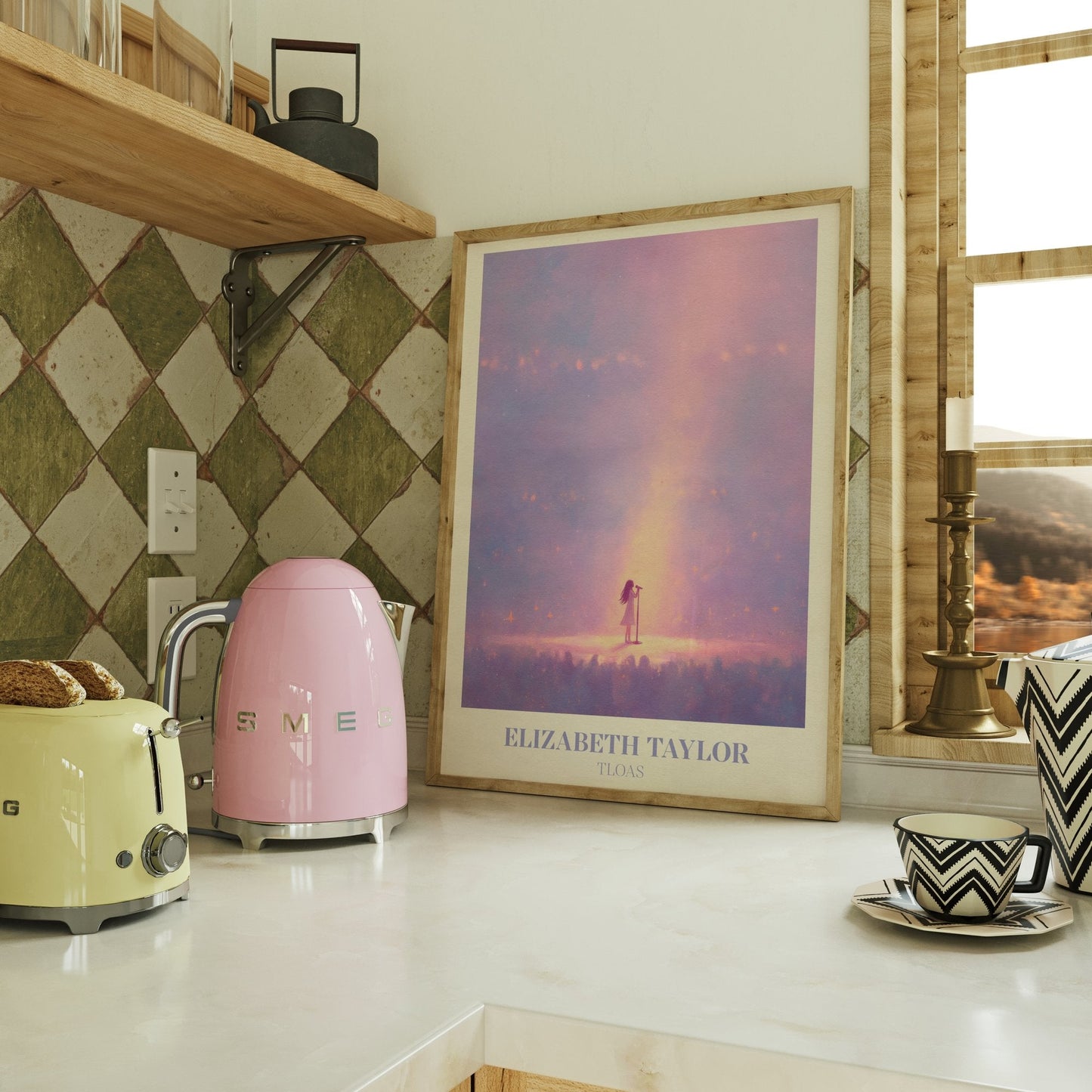 Elizabeth Taylor lyric wall art print inspired by Taylor Swift on a kitchen counter beside a kettle and toaster