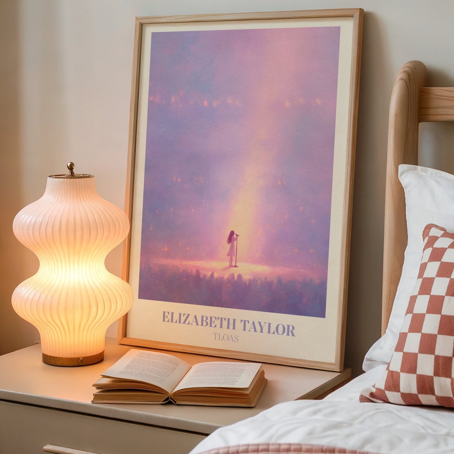 Elizabeth Taylor lyric wall art print inspired by Taylor Swift on a bedside table next to a lamp