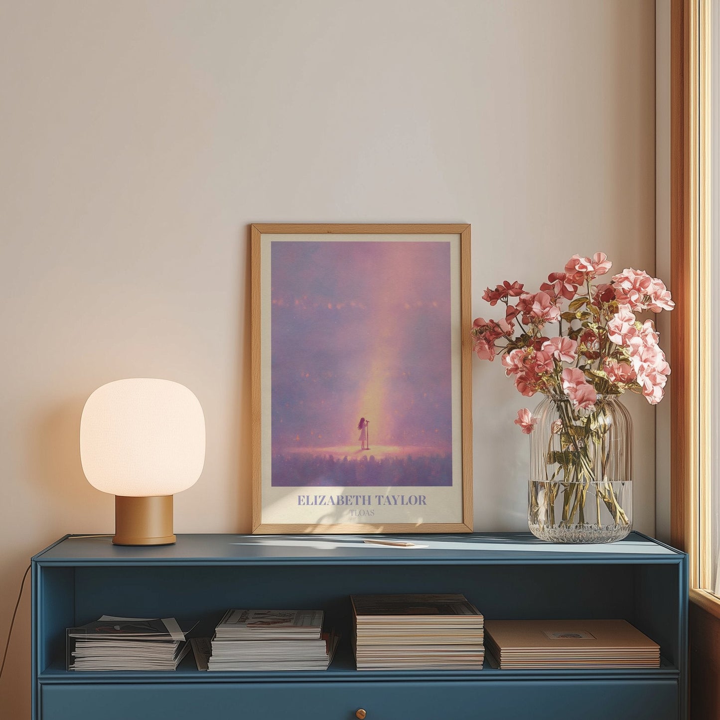 Elizabeth Taylor lyric wall art print inspired by Taylor Swift on a blue sideboard with a lamp and flowers