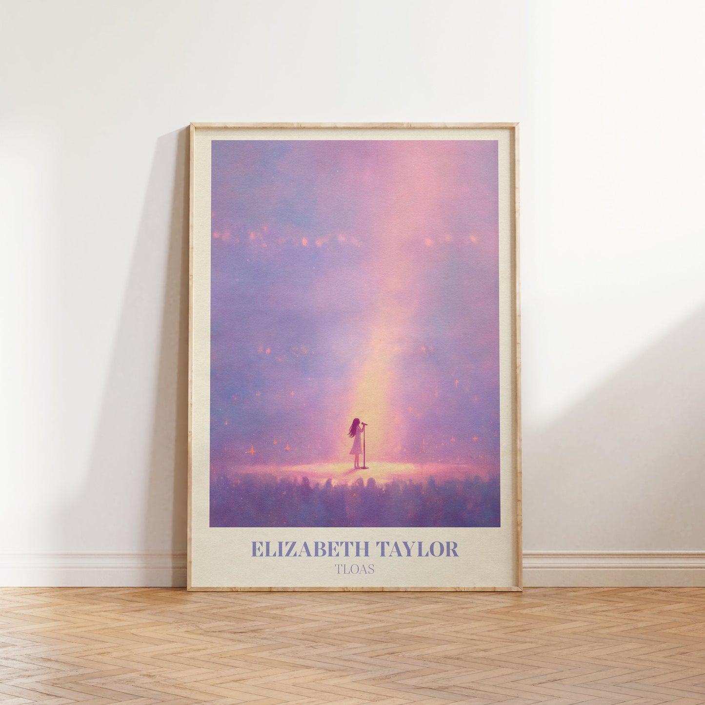 Elizabeth Taylor lyric print inspired by Taylor Swift leaning against a white wall on a wooden herringbone floor in soft daylight