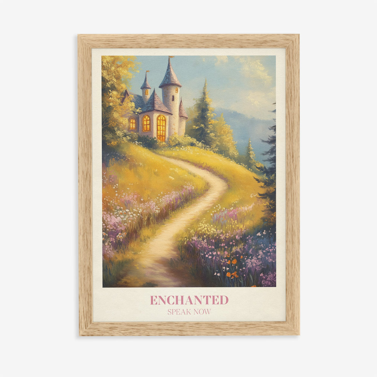 Enchanted Taylor Swift print of a castle on a hill above a path through wildflowers, in an oak frame on a plain wall