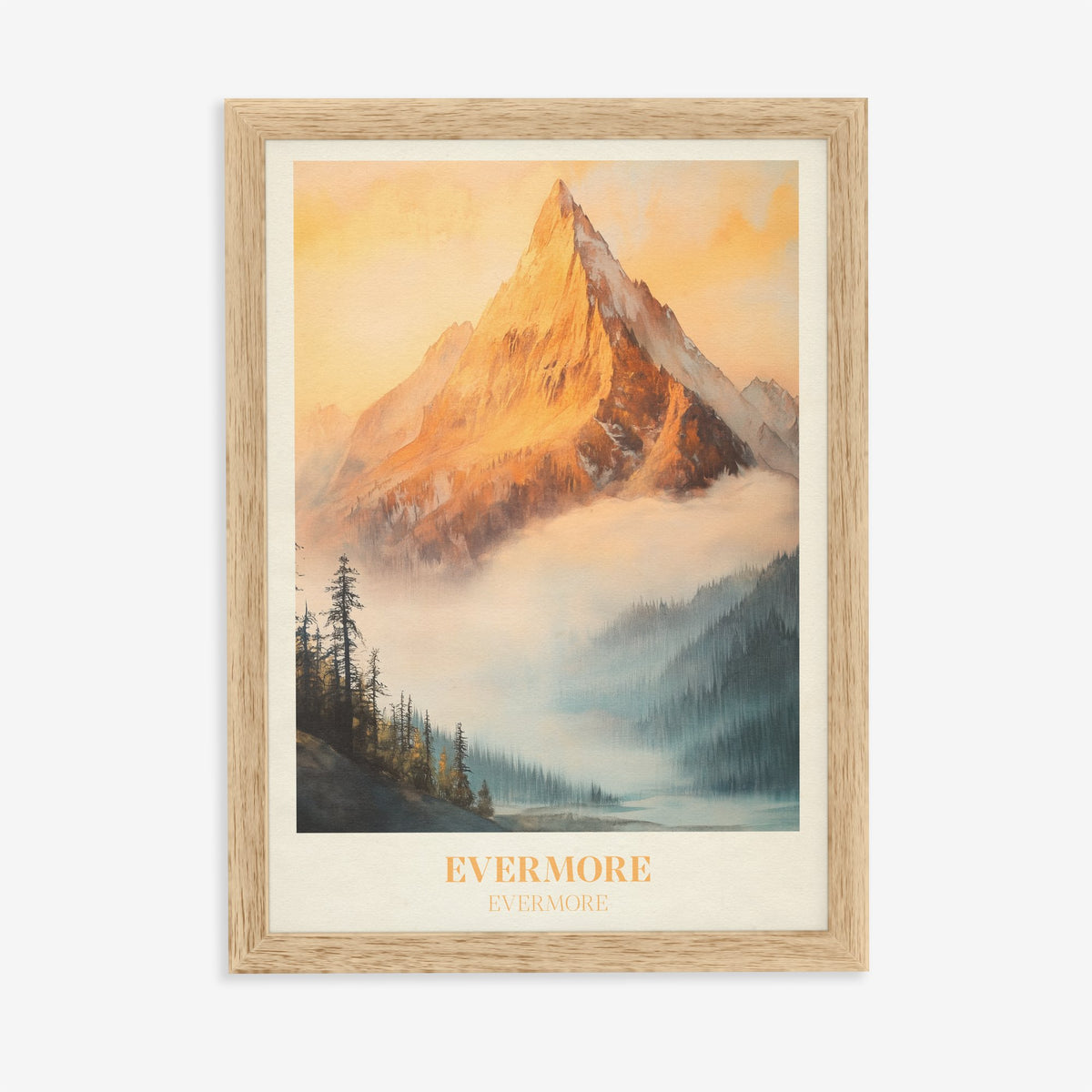 Evermore Taylor Swift print of a golden mountain peak above mist and pine trees, in an oak frame on a plain wall