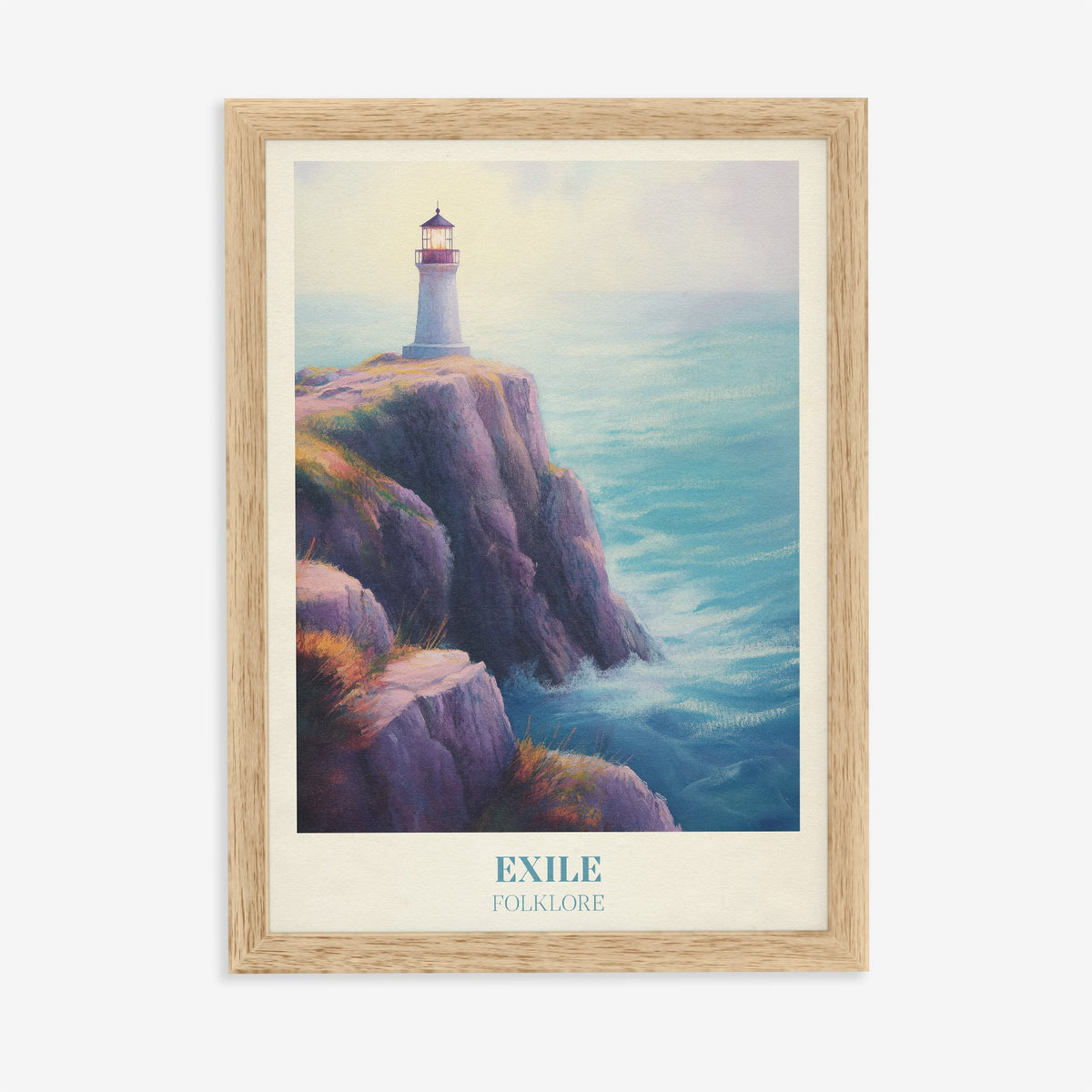 Exile Taylor Swift print of a white lighthouse on a cliff above a turquoise sea, in an oak frame on a plain wall