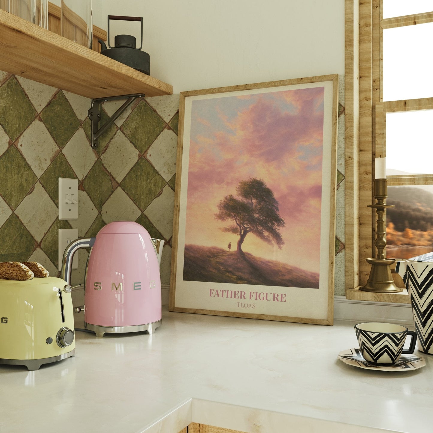 Father Figure lyric wall art print inspired by Taylor Swift on a kitchen counter beside a kettle and toaster