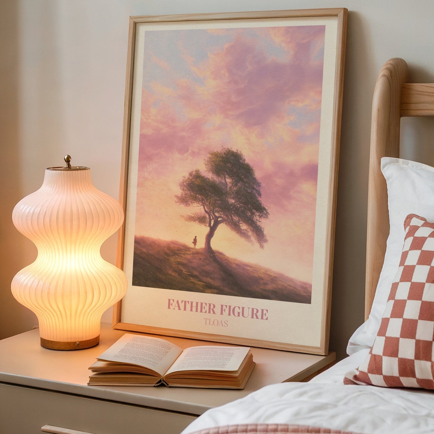 Father Figure lyric wall art print inspired by Taylor Swift on a bedside table next to a lamp