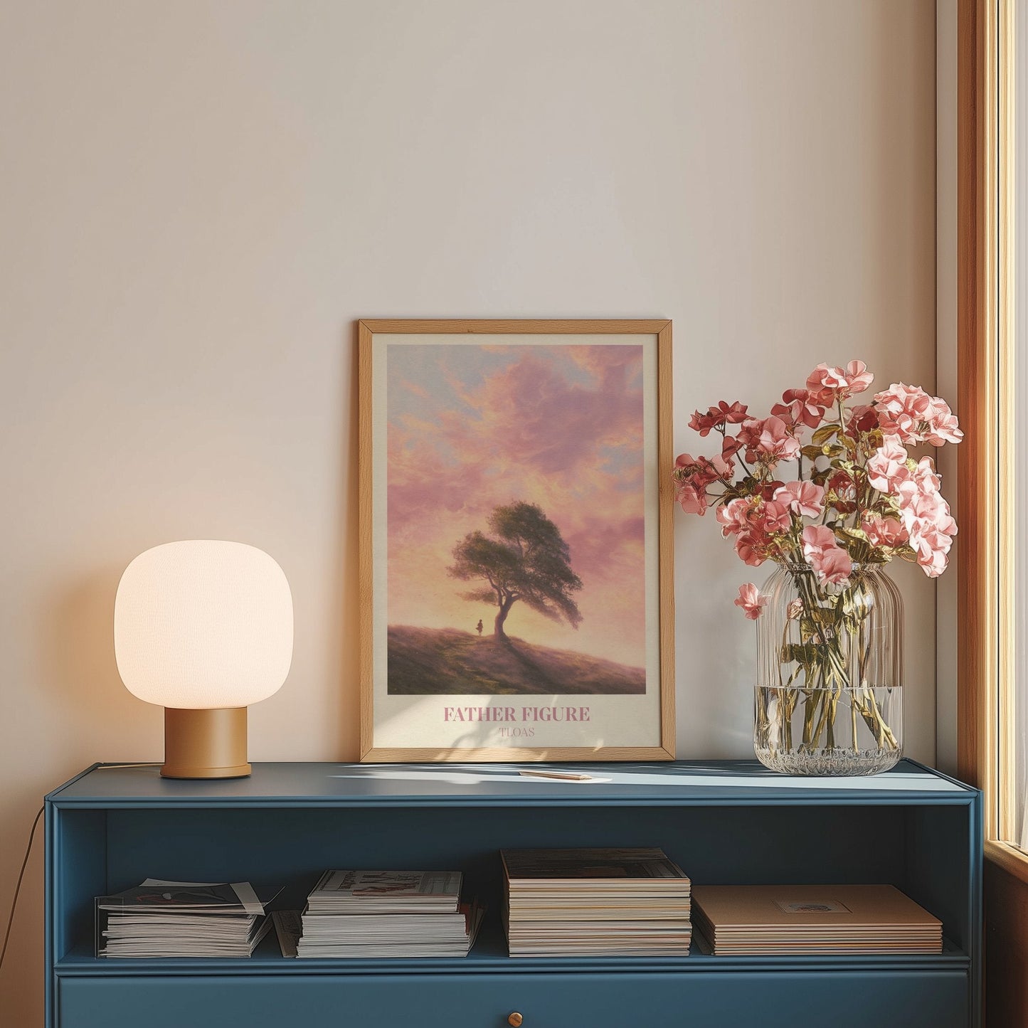 Father Figure lyric wall art print inspired by Taylor Swift on a blue sideboard with a lamp and flowers