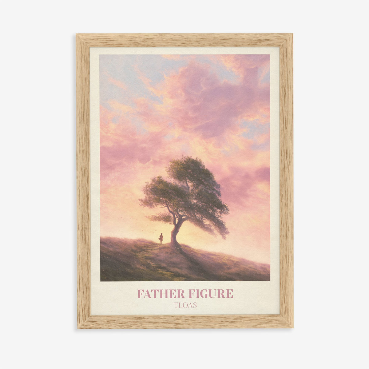 Father Figure Taylor Swift print of two figures under a windswept tree at sunset, in an oak frame on a plain wall