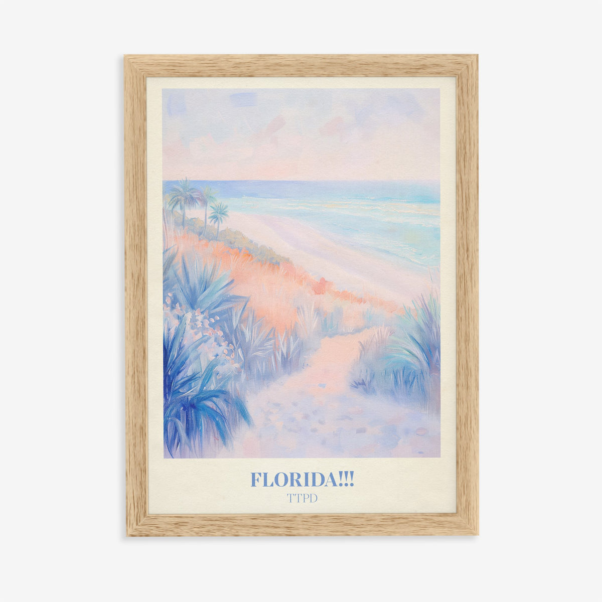 Florida!!! Pastel Taylor Swift print of a pastel path through dunes and palms to the sea, in an oak frame on a plain wall