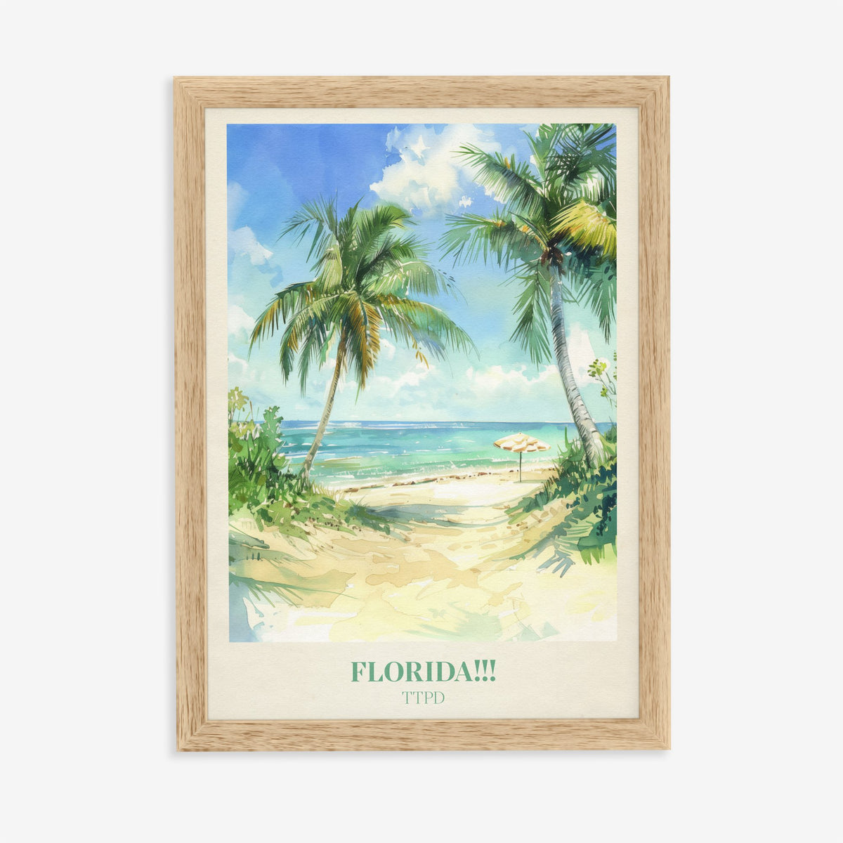 Florida!!! Taylor Swift print of palm trees over a sandy path to a turquoise sea, in an oak frame on a plain wall