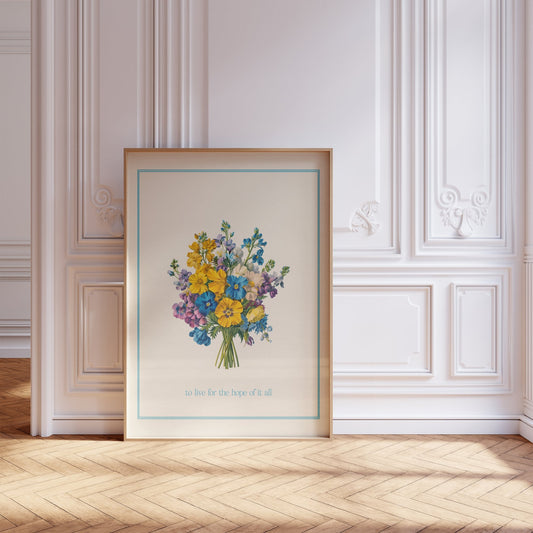 For The Hope Of It All Bouquet Taylor Swift print of a yellow and blue bouquet, framed, leaning against a white panelled wall