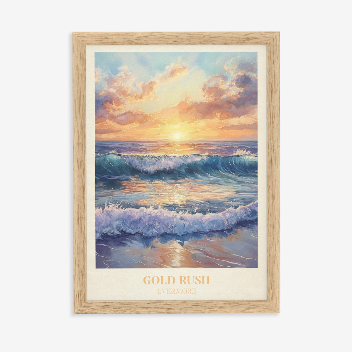 Gold Rush Taylor Swift print of waves breaking on a beach under a golden sunset, in an oak frame on a plain wall