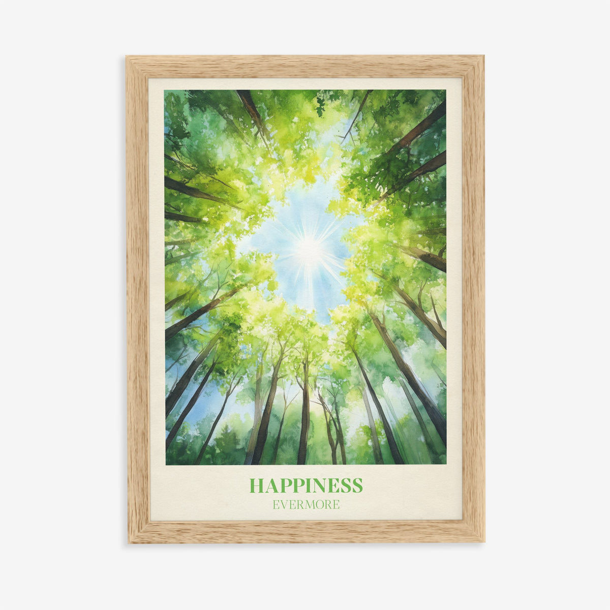 Happiness Taylor Swift print of a view up through green treetops to the sun, in an oak frame on a plain wall