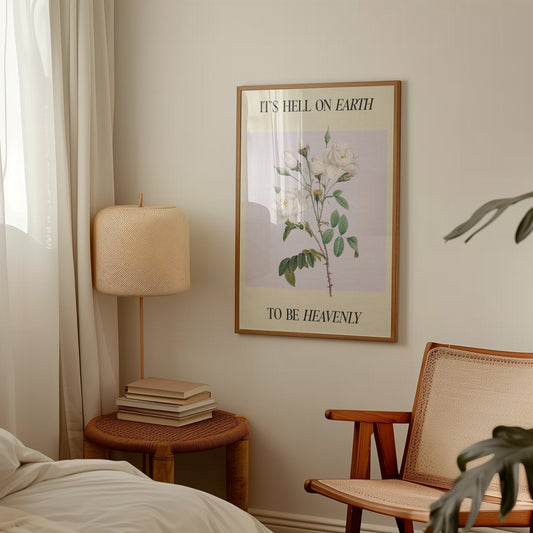 Hell On Earth To Be Heavenly - Clara Bow Taylor Swift print of white roses on soft lilac, framed above a side table and lamp