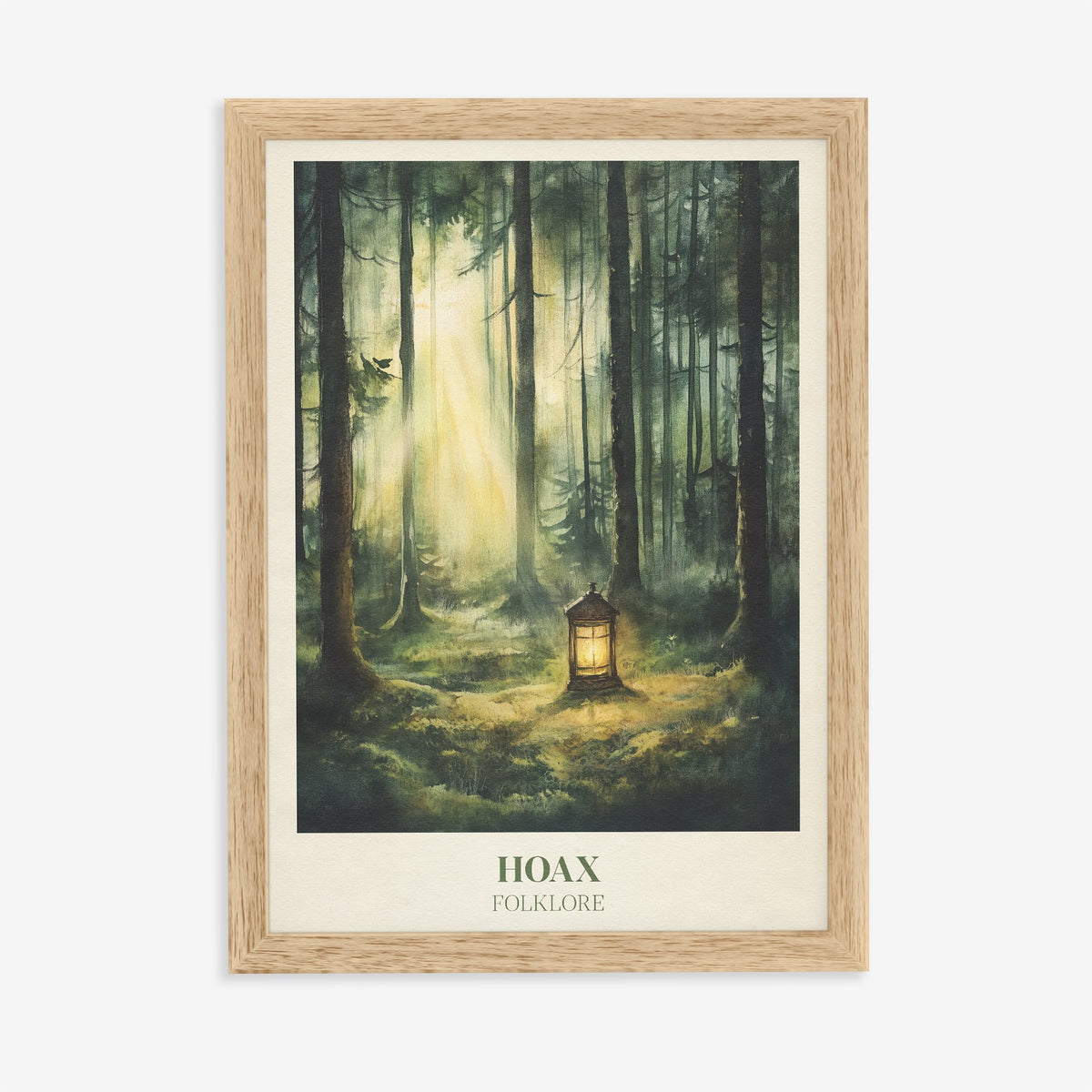Hoax Taylor Swift print of a glowing lantern on the floor of a misty pine forest, in an oak frame on a plain wall