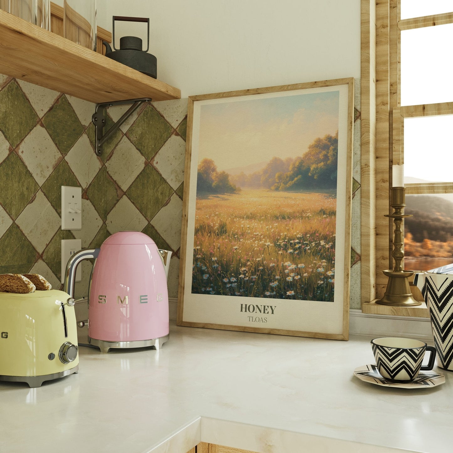 Honey lyric wall art print inspired by Taylor Swift on a kitchen counter beside a kettle and toaster