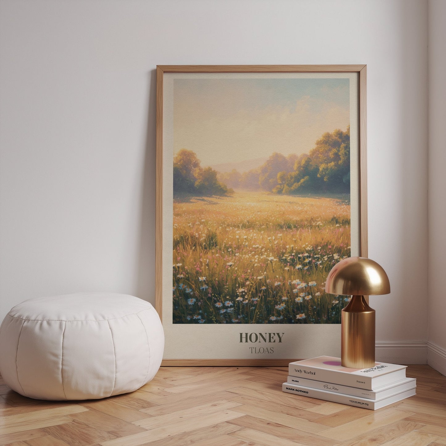 Honey lyric wall art print inspired by Taylor Swift leaning against a white wall on wooden floor