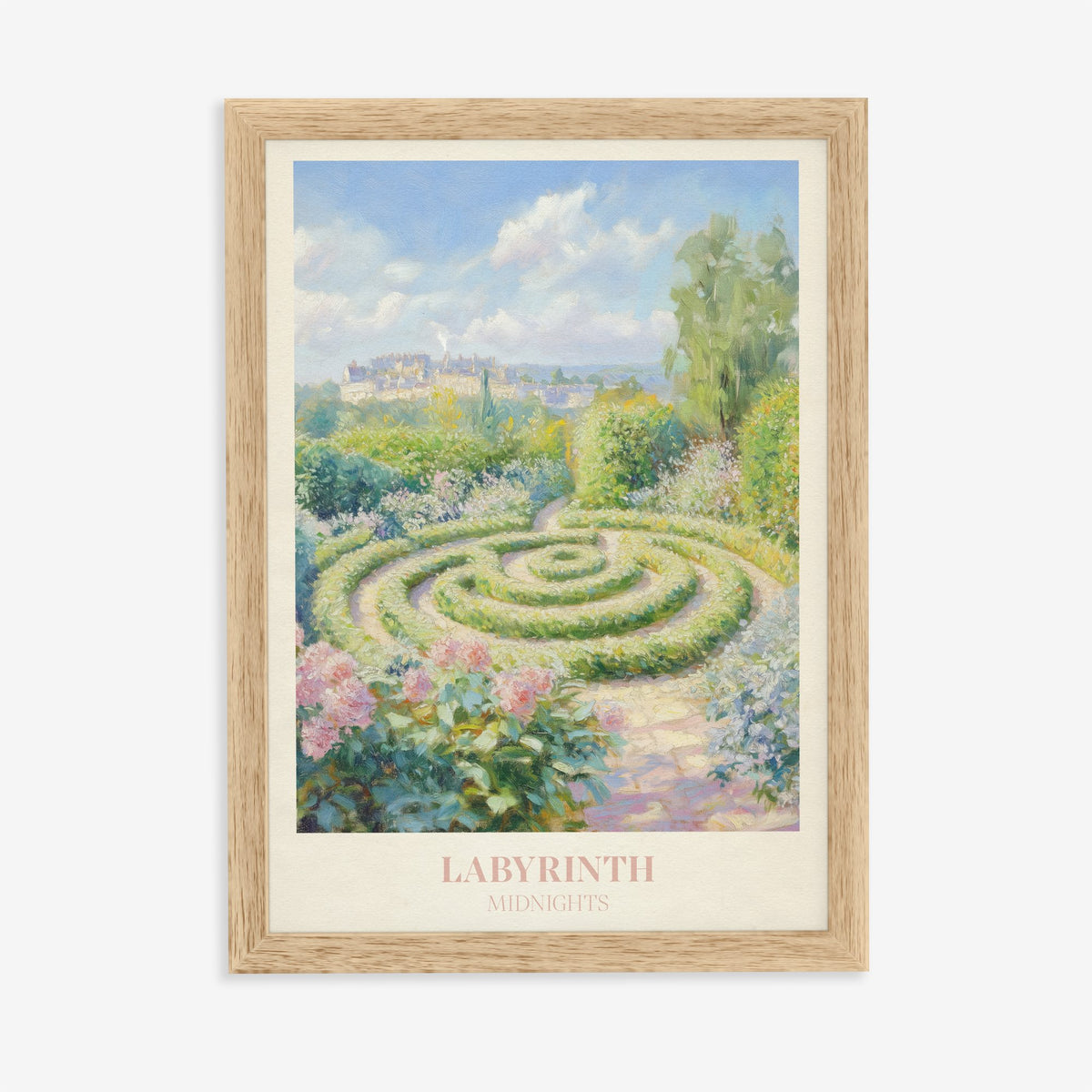 Labyrinth Taylor Swift print of a round hedge maze in a sunny garden of pink flowers, in an oak frame on a plain wall