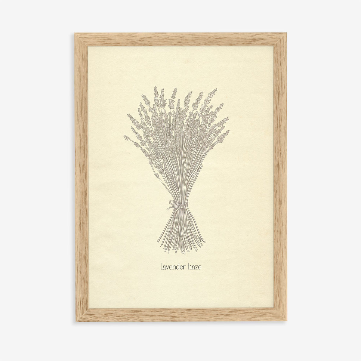 Lavender Haze Minimal Taylor Swift print of a line drawing of a bunch of lavender, in an oak frame on a plain wall