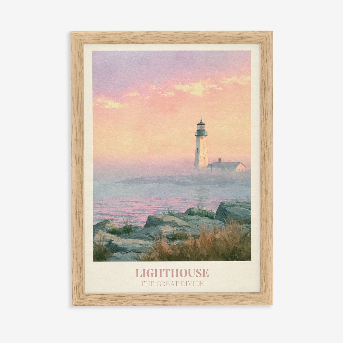 Lighthouse Noah Kahan print of a pastel lighthouse above a misty pink sea, in an oak frame on a plain wall