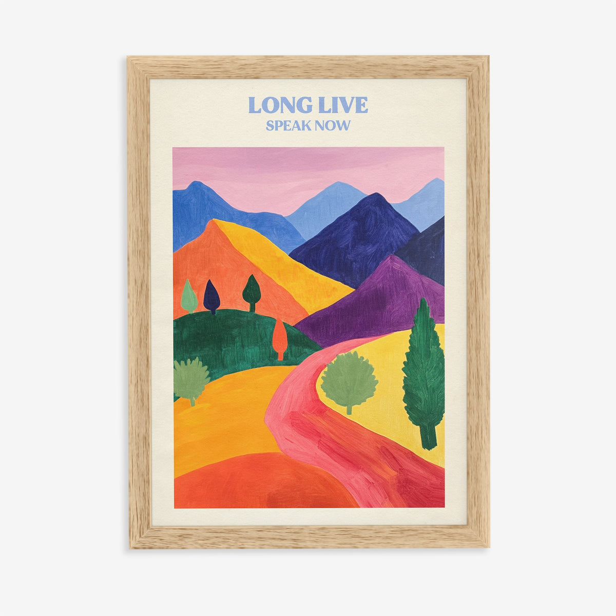 Long Live Matisse Taylor Swift print of a red path winding through bold, colourful hills, in an oak frame on a plain wall