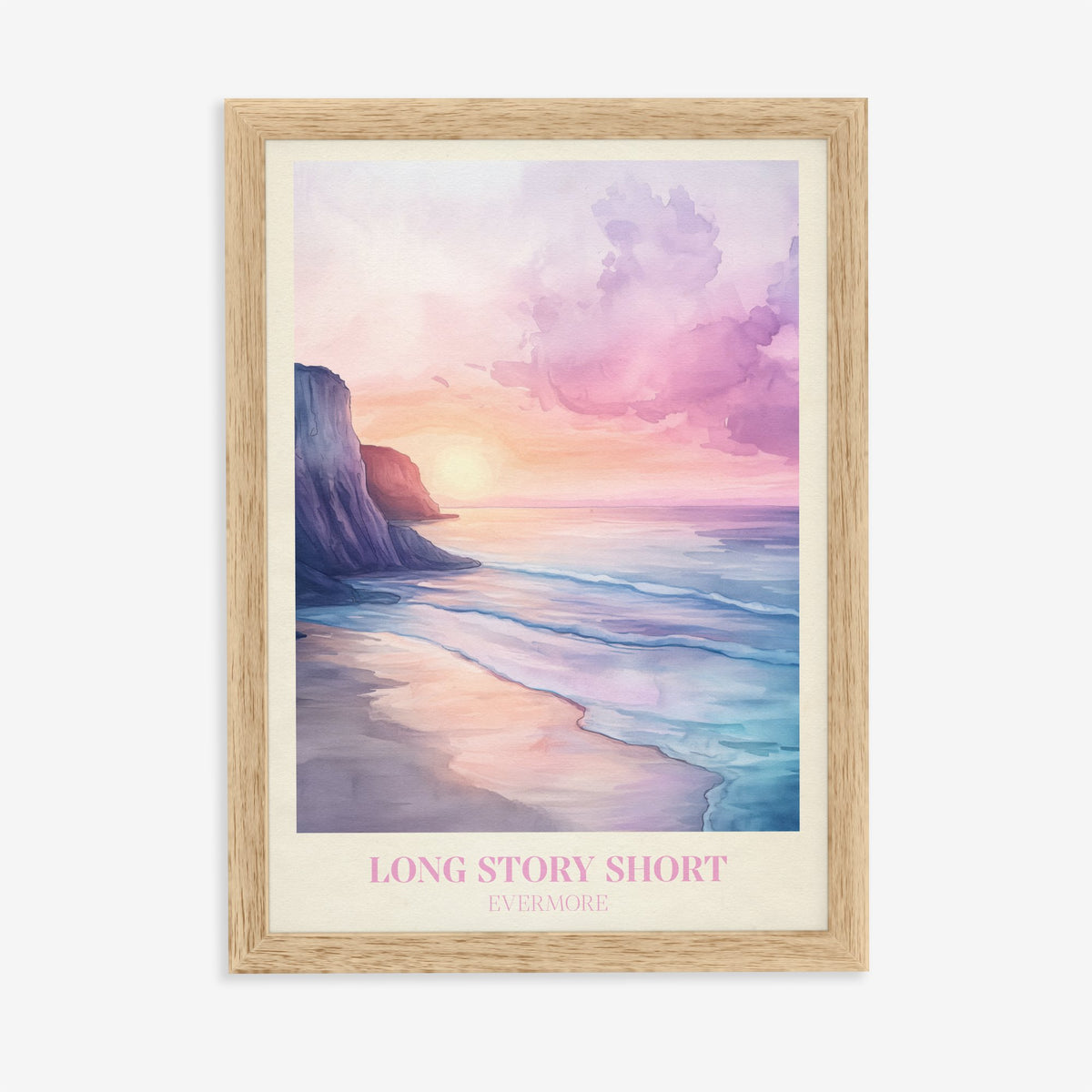 Long Story Short Taylor Swift print of a pink and lilac sunset over a beach below cliffs, in an oak frame on a plain wall