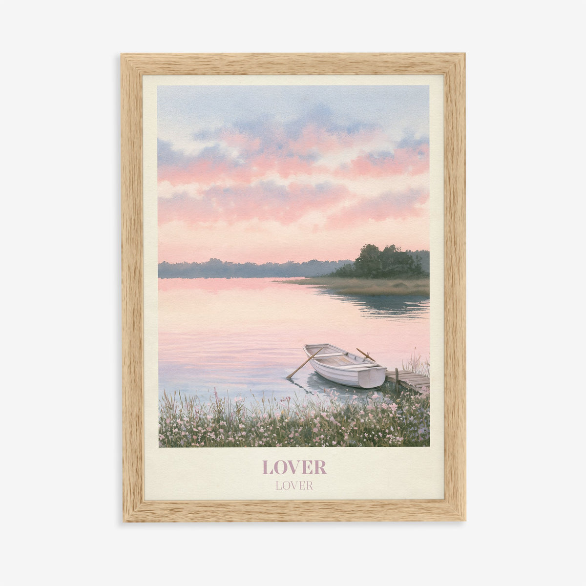 Lover Taylor Swift print of a rowing boat on a pink lake, in an oak frame on a plain wall