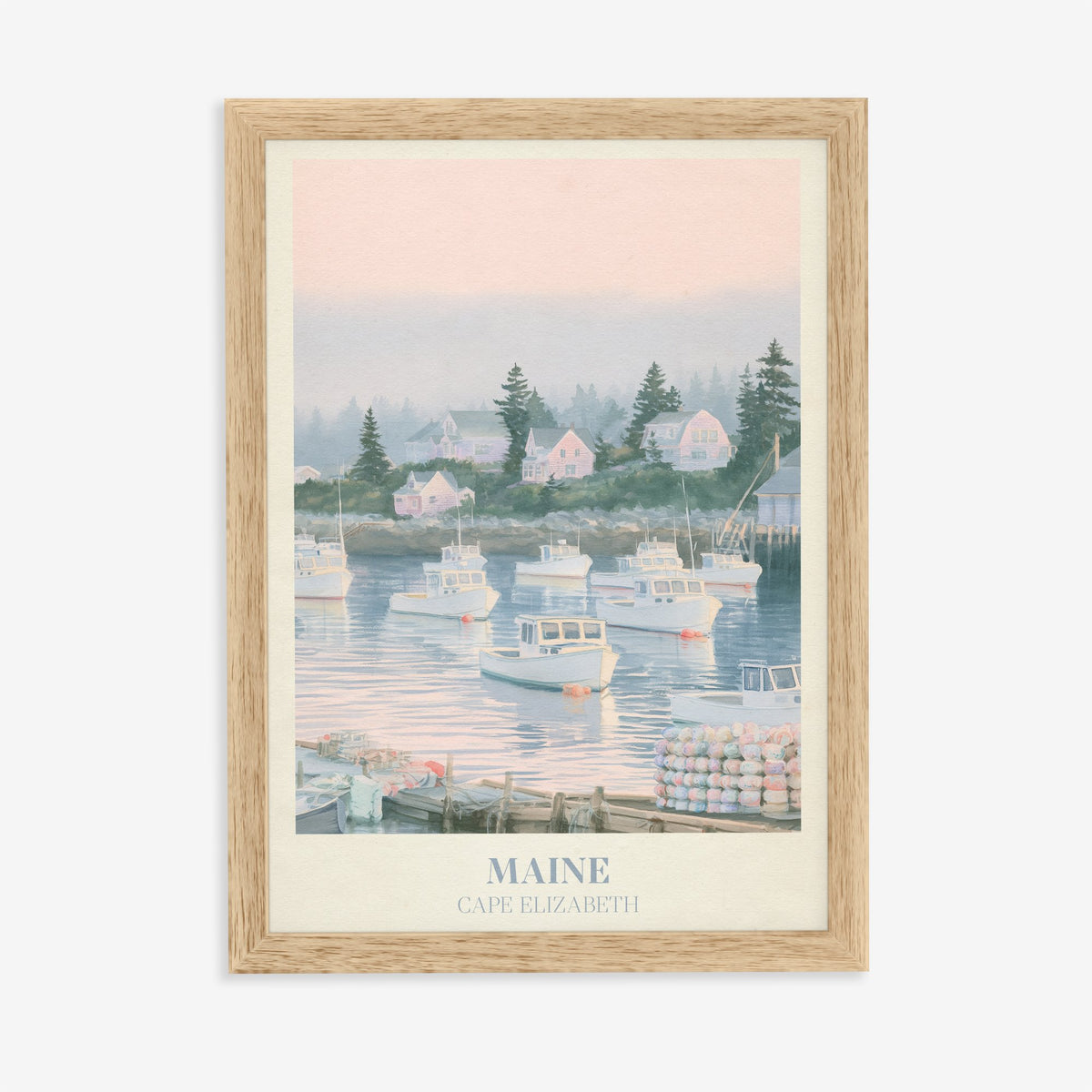 Maine Noah Kahan print of lobster boats in a misty pink harbour, in an oak frame on a plain wall