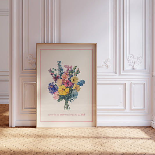 Never Be So Clever Bouquet Taylor Swift print of a vintage bouquet in a pink border, framed, leaning against a white panelled wall