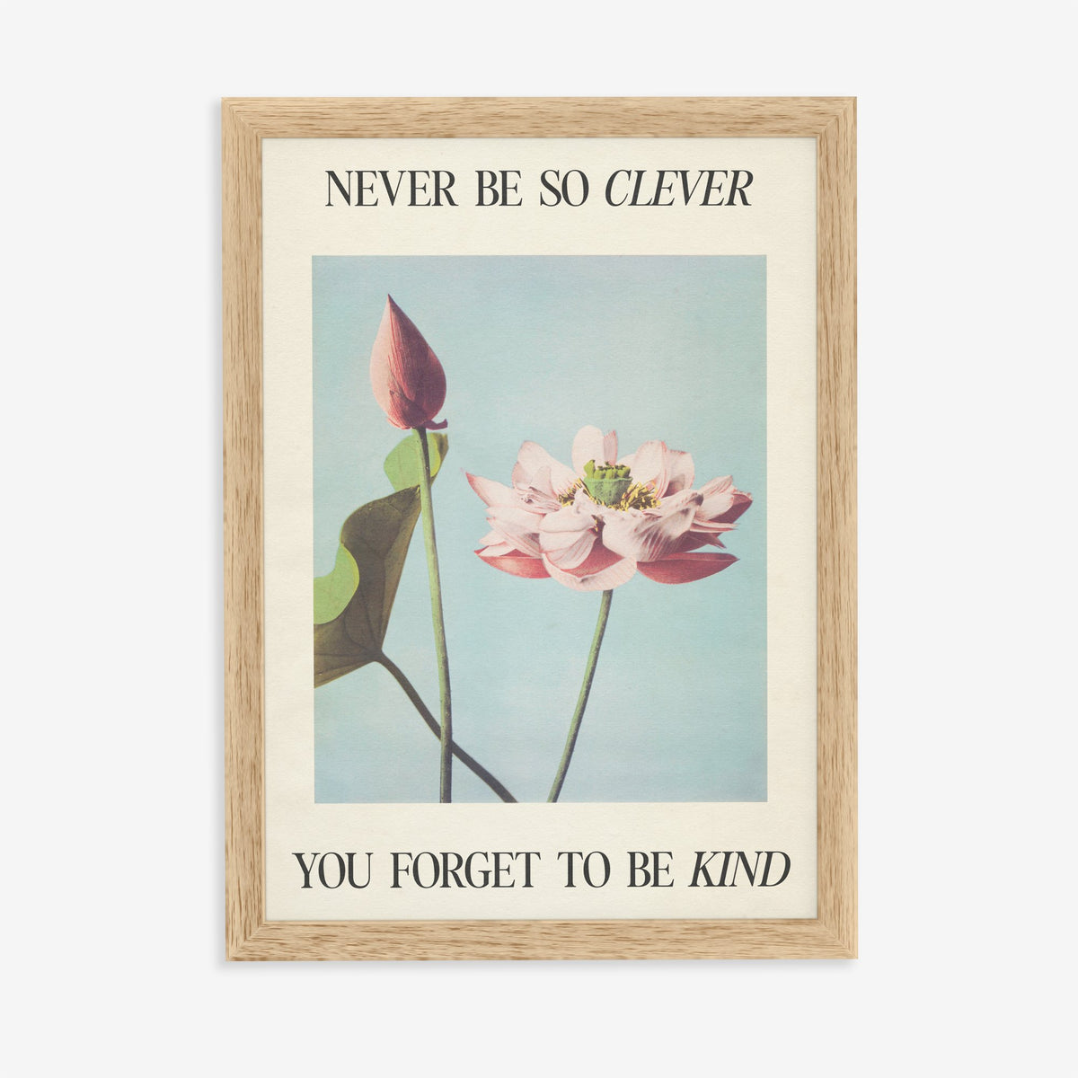 Never Be So Clever Taylor Swift print of a pink lotus on pale blue between lines of lyric, in an oak frame on a plain wall