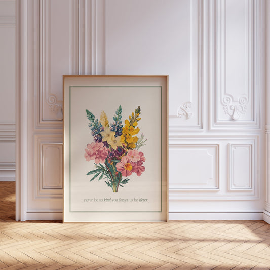 Never Be So Kind Bouquet Taylor Swift print of a vintage bouquet in a green border, framed, leaning against a white panelled wall