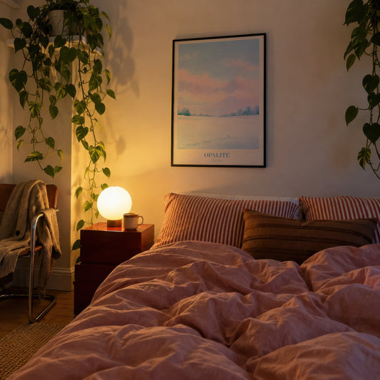 Opalite Winter Taylor Swift print of pink clouds over a snowy field, hung in a black frame above a bed beside a globe lamp