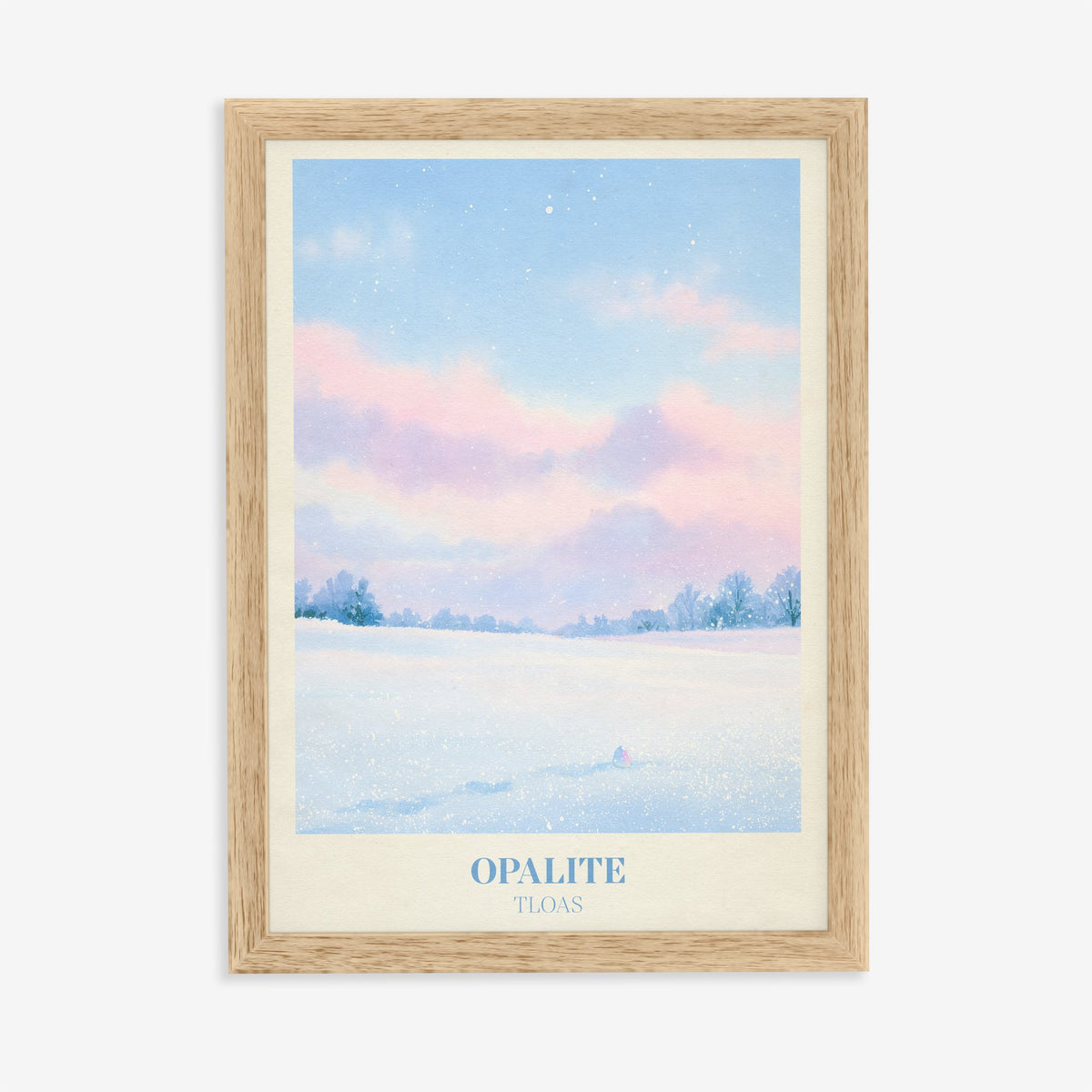 Opalite Winter Taylor Swift print of pink clouds over a snowy field, in an oak frame on a plain wall
