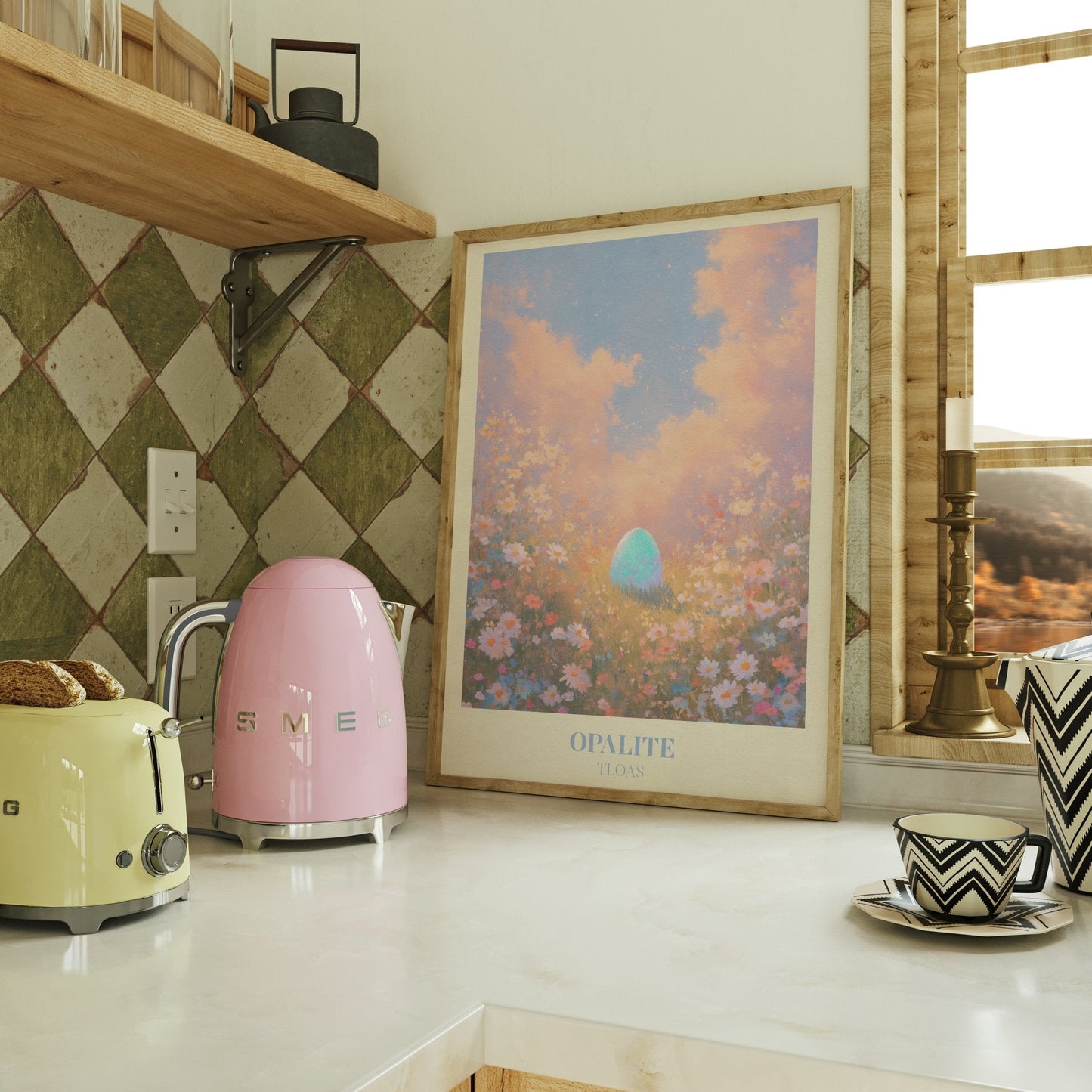 Opalite lyric wall art print inspired by Taylor Swift on a kitchen counter beside a kettle and toaster