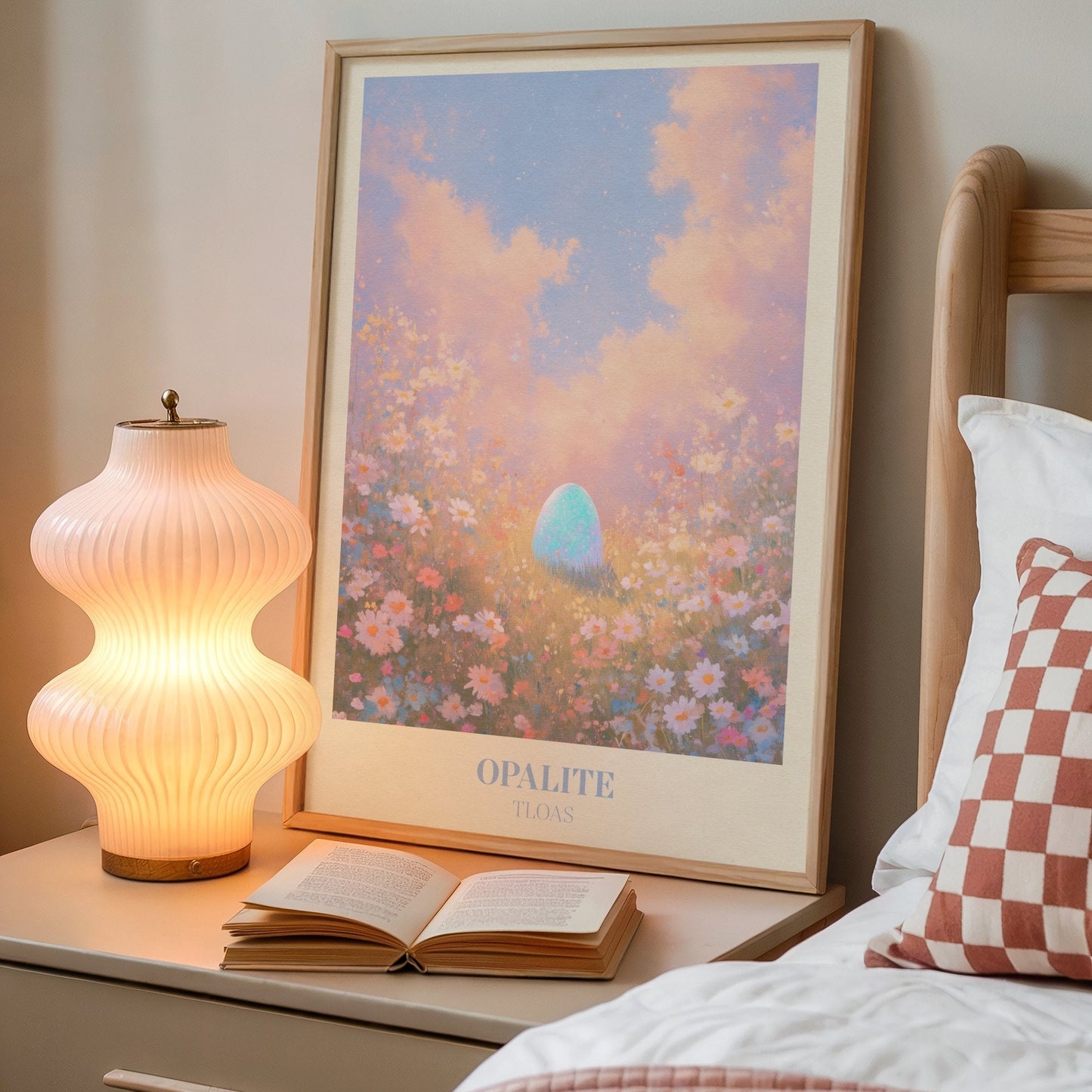 Opalite lyric wall art print inspired by Taylor Swift on a bedside table next to a lamp