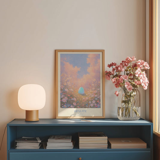 Opalite lyric wall art print inspired by Taylor Swift on a blue sideboard with a lamp and flowers